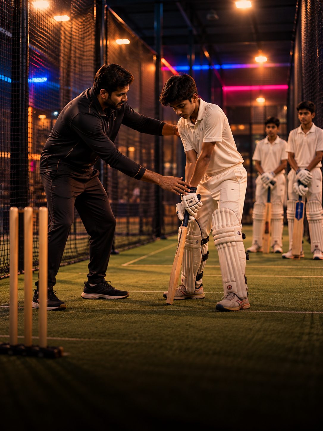 A coach training young players at cricket nets