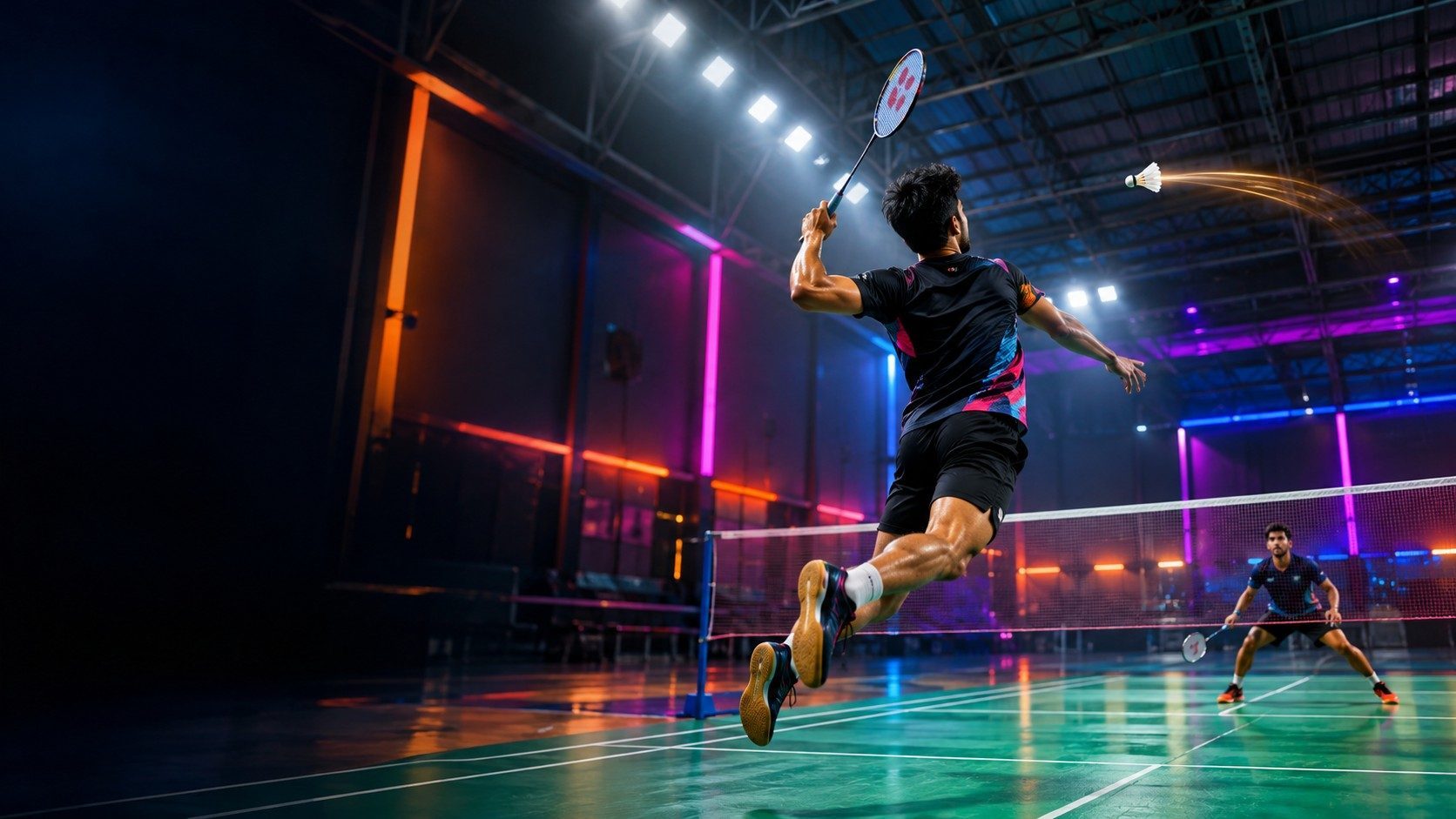 A badminton player leaps for a smash in a floodlit indoor arena