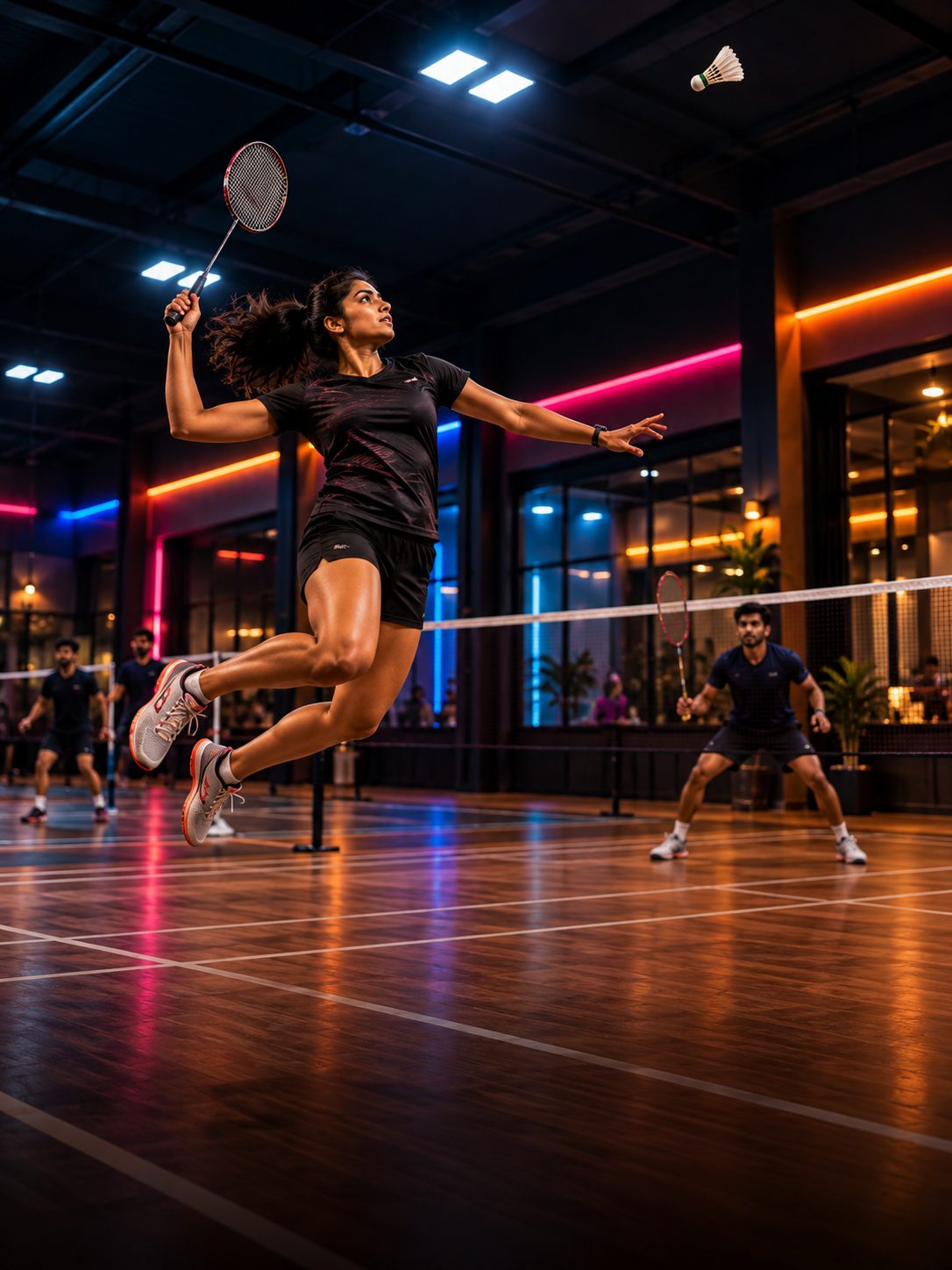 An indoor badminton court with players