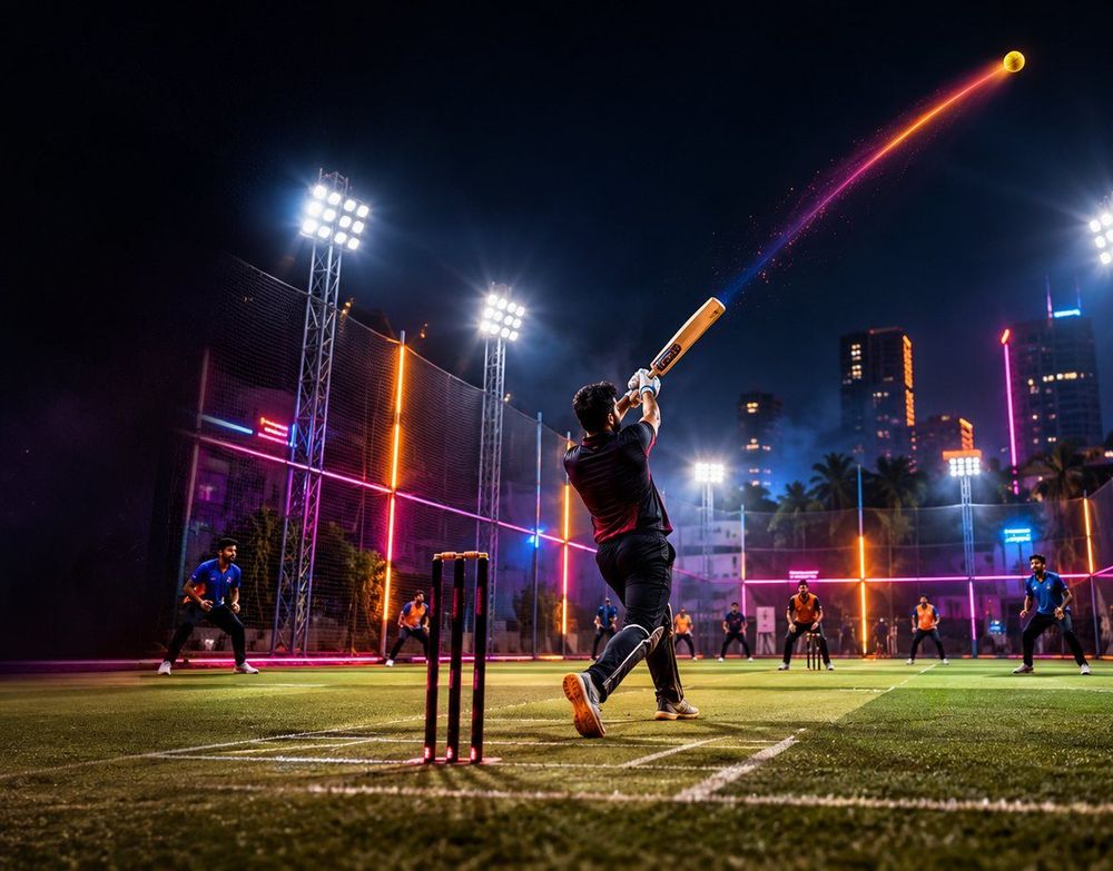 A batter hitting a six under floodlights at a neon-lit cricket ground