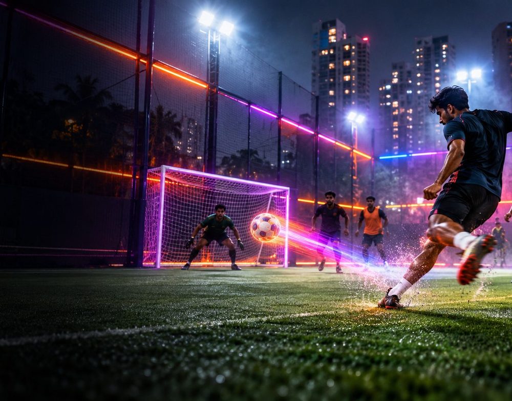 A player shooting at goal under floodlights on a neon-lit football turf