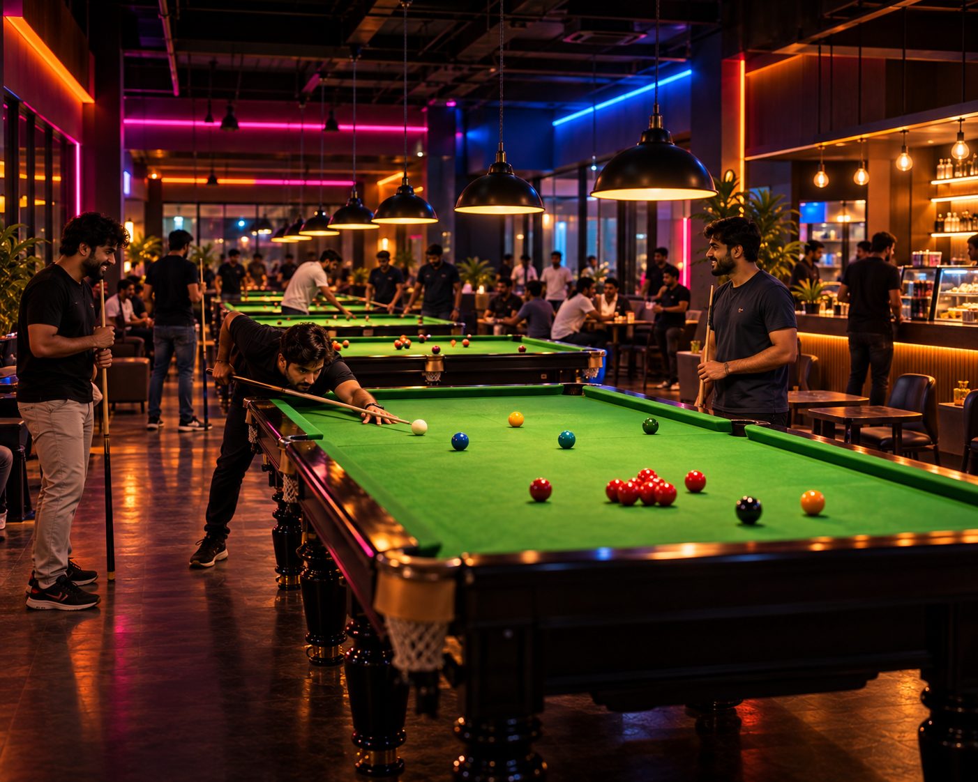 Inside a busy cue sports club in Chennai in the evening