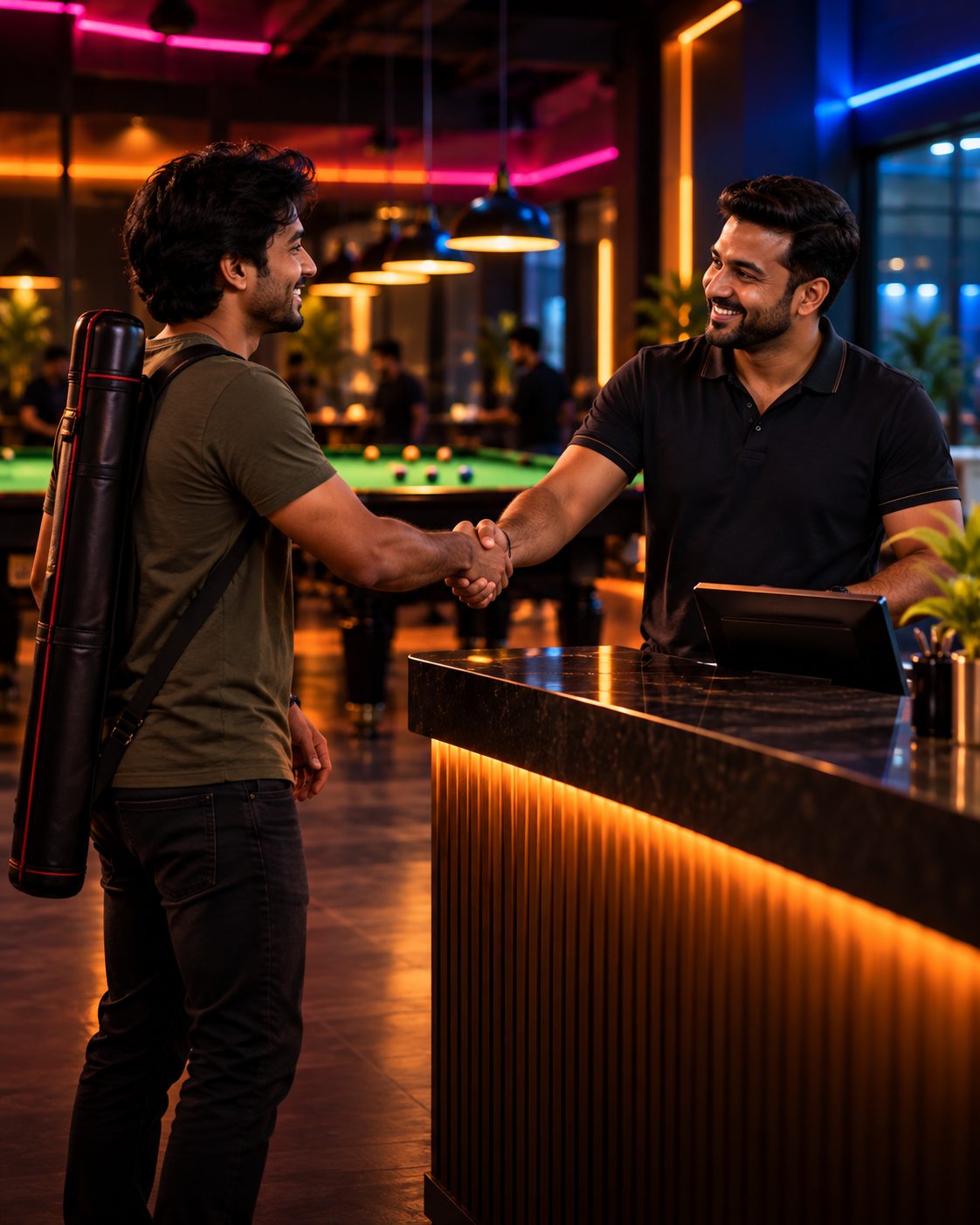 A club owner greeting a regular customer at the front desk