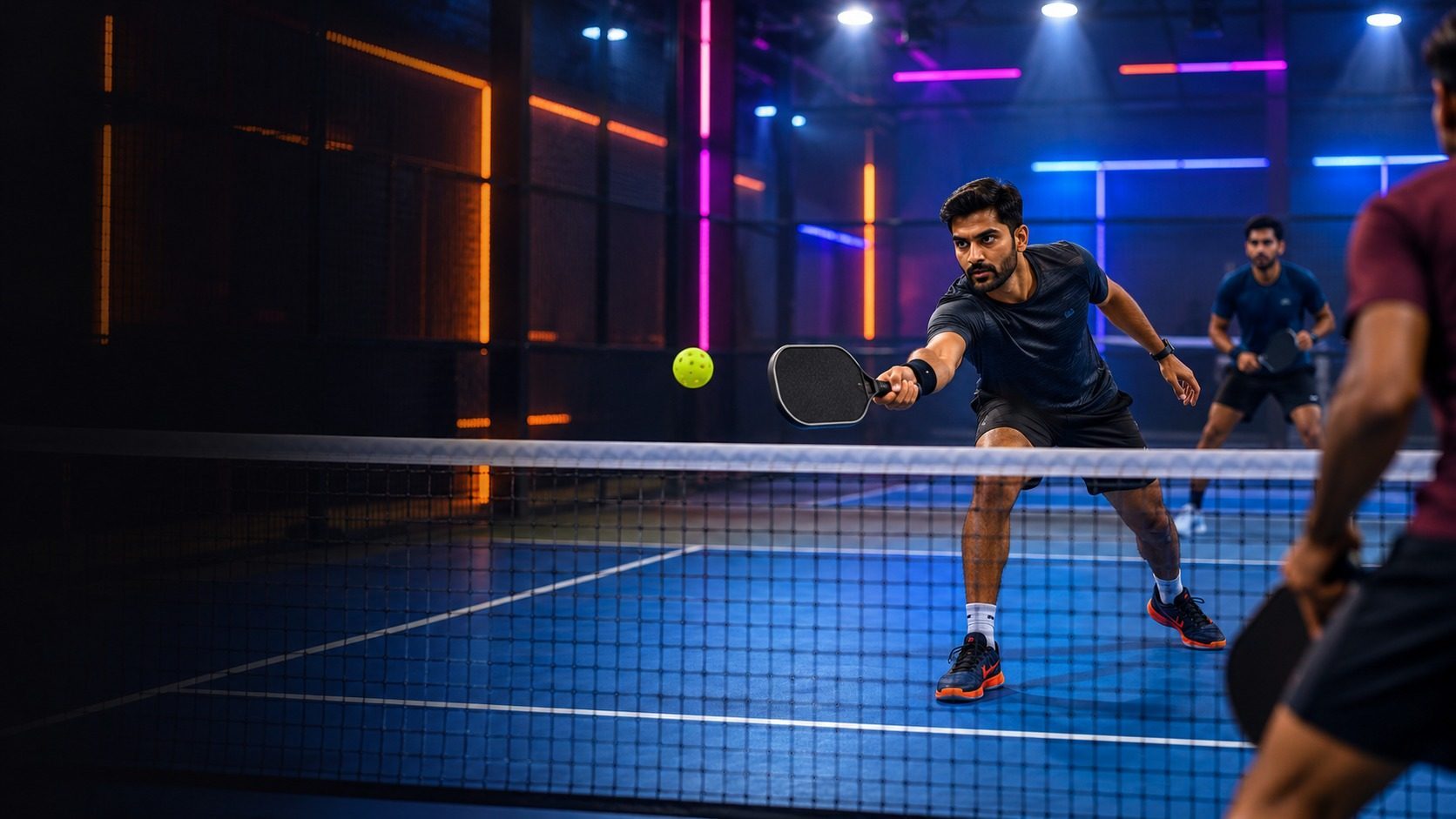 A pickleball player stretches for a dink at the kitchen line in a floodlit indoor arena