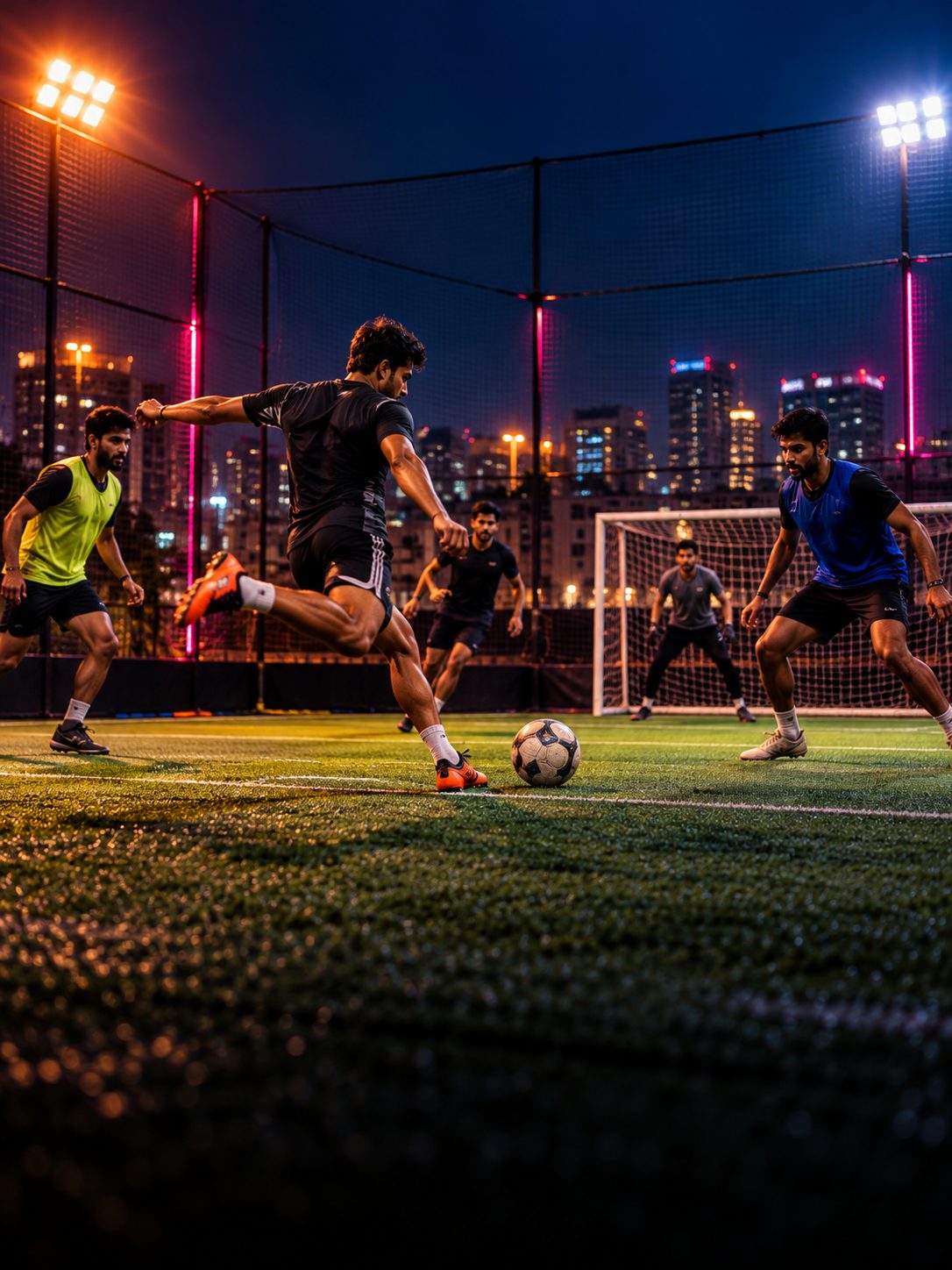 A floodlit football turf at night